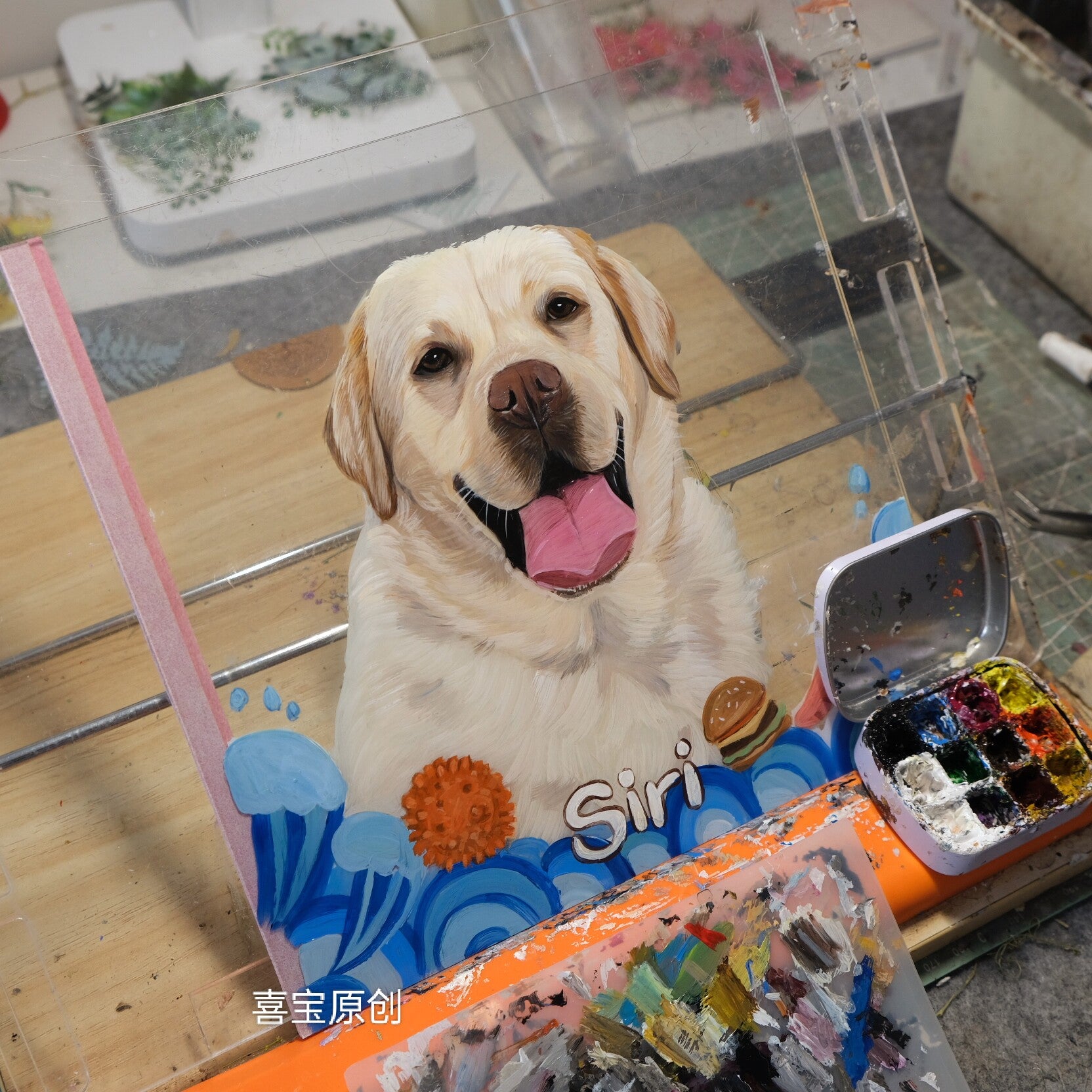 Custom Hand-Painted Pet Portrait Glass Frame – Personalized Dog & Cat Portrait from Photo
