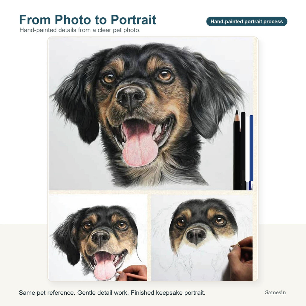 Custom pet portrait photo upload and artwork preview example