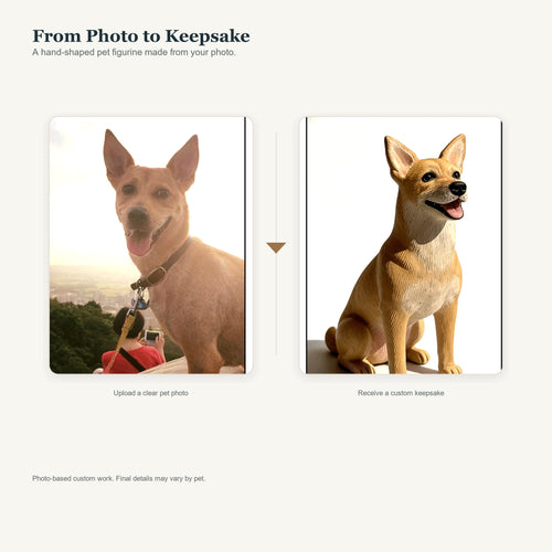 Photo to pet figurine process showing a custom memorial keepsake