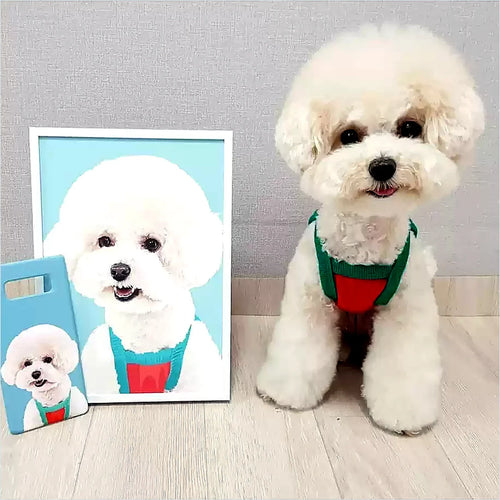 Custom dog portrait with pet beside artwork