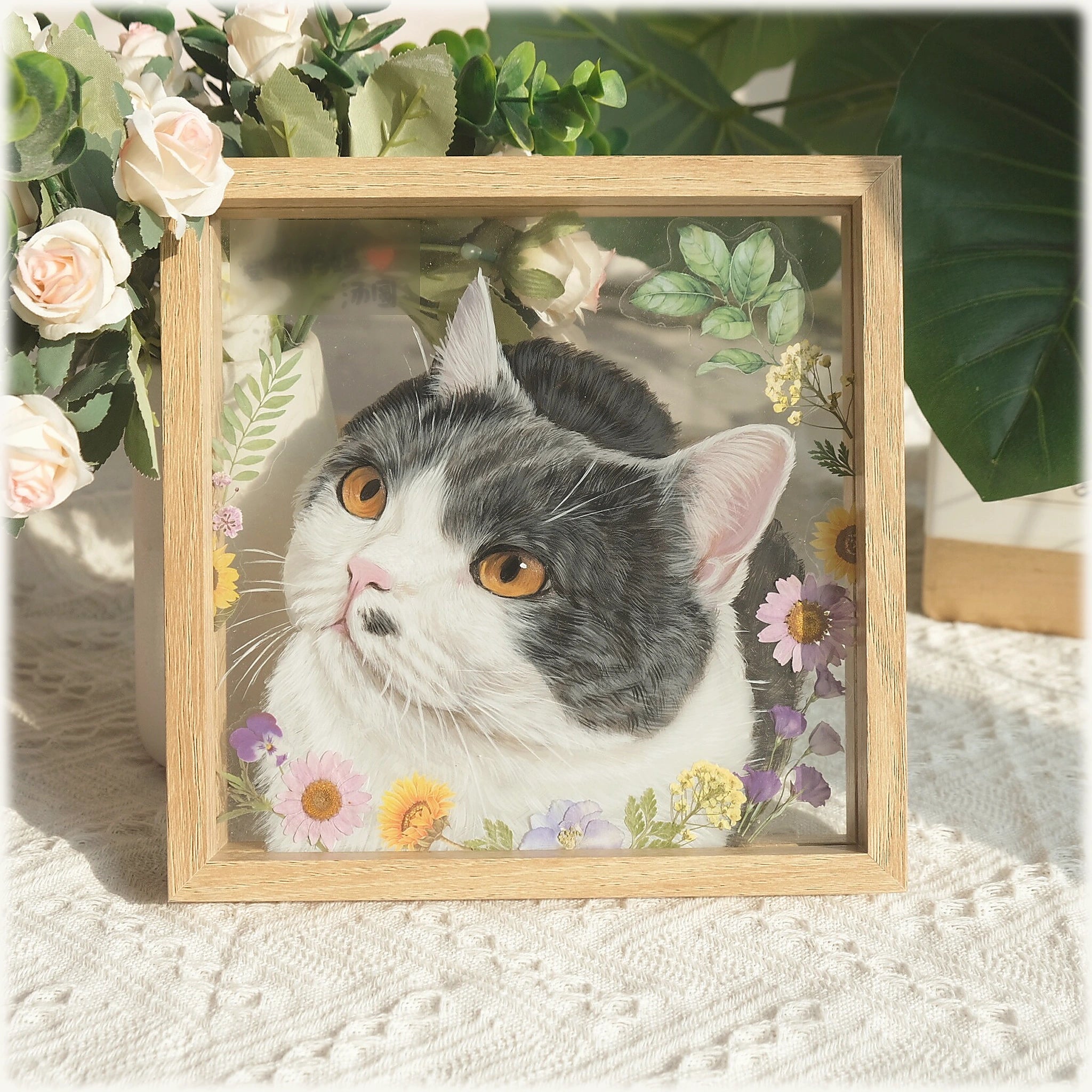Custom cat portrait from photo in a floral wooden frame