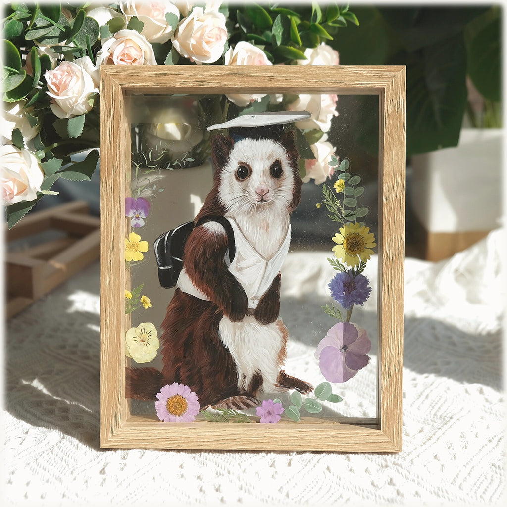 Custom pet portrait from photo in a floral frame for a small pet