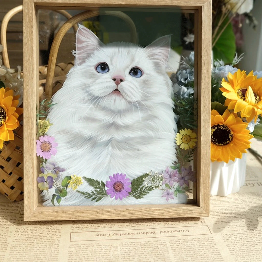 Custom cat portrait from photo in a floral keepsake frame