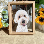 Custom dog portrait from photo displayed in a floral wooden frame