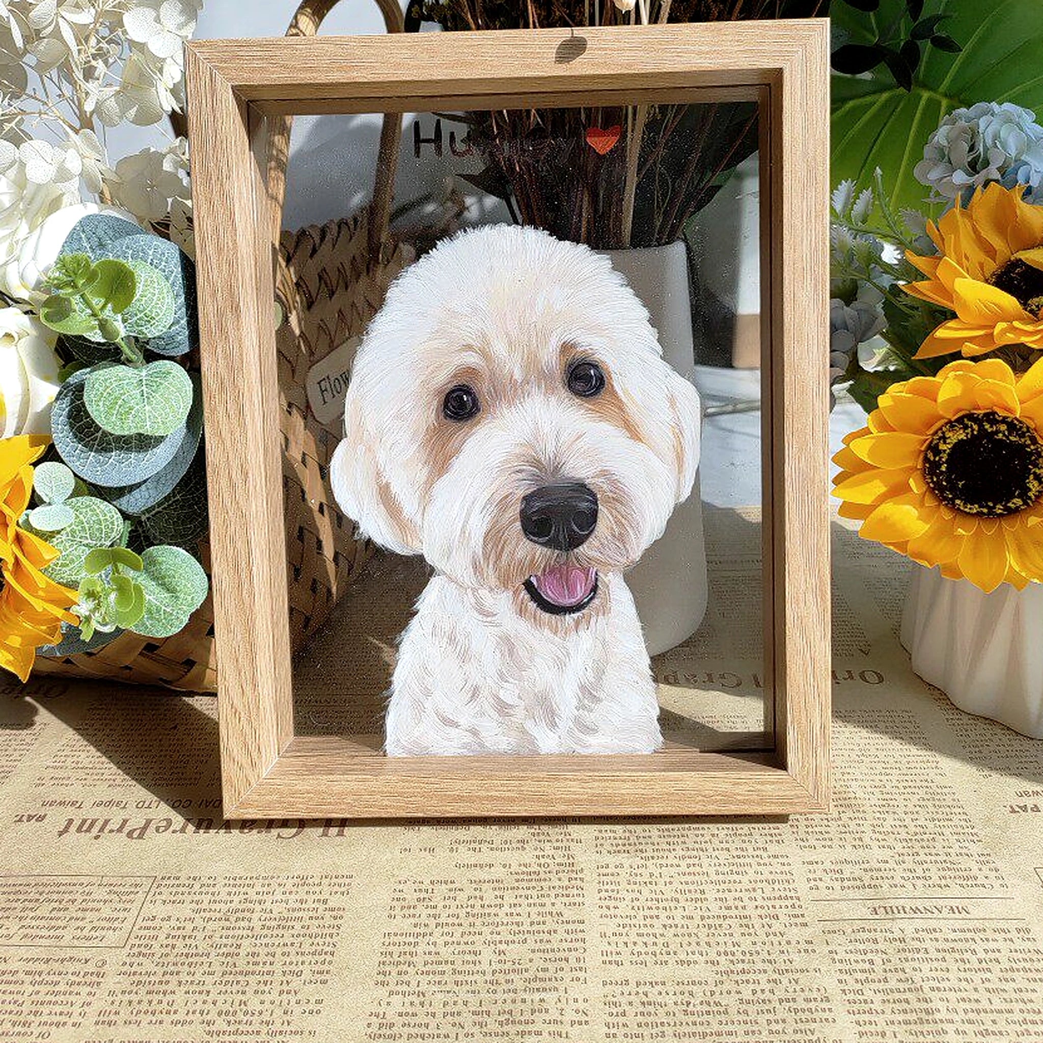 Custom dog portrait from photo displayed in a floral wooden frame